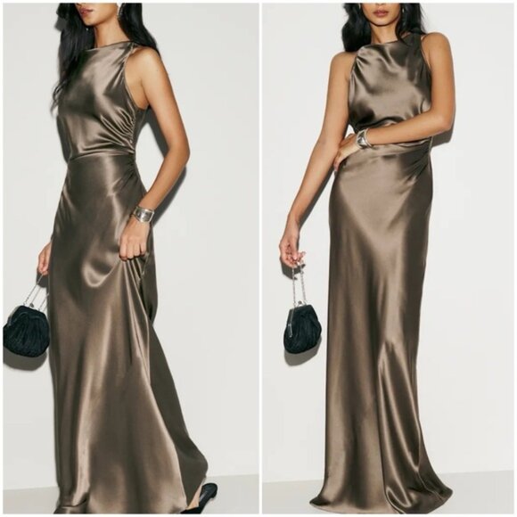 NEW Reformation Anaiis Long Silk Backless Dress Morel Brown | US 6 UK 10 - Picture 1 of 15